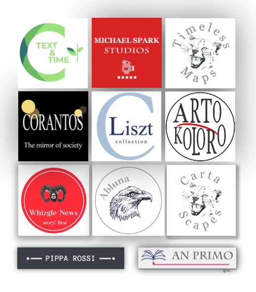 Artokoloro, Liszt Collection, Librifly, Cartascapes, Whizgle News, Abluna, Text & Time, Michael Sparks Studios, Corantos